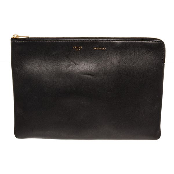 Celine Black Grained Leather Zip Pouch