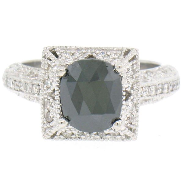 14k White Gold 2.1 ctw Cushion Black & White Diamond Solitaire Engagement Ring