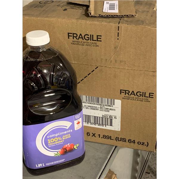 CASE LOT Compliments 100% Cranberry Juice Blend 6 x 1.89L