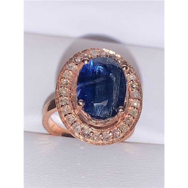Sapphire Solitaire 4.67 carat with surround diamonds 14kt rose gold on .925 silver with Certificate 