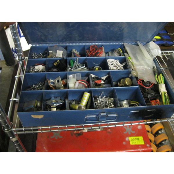 CONTAINER W/ASST. CONTENTS, POP RIVETS, ELECTRICAL, ETC.
