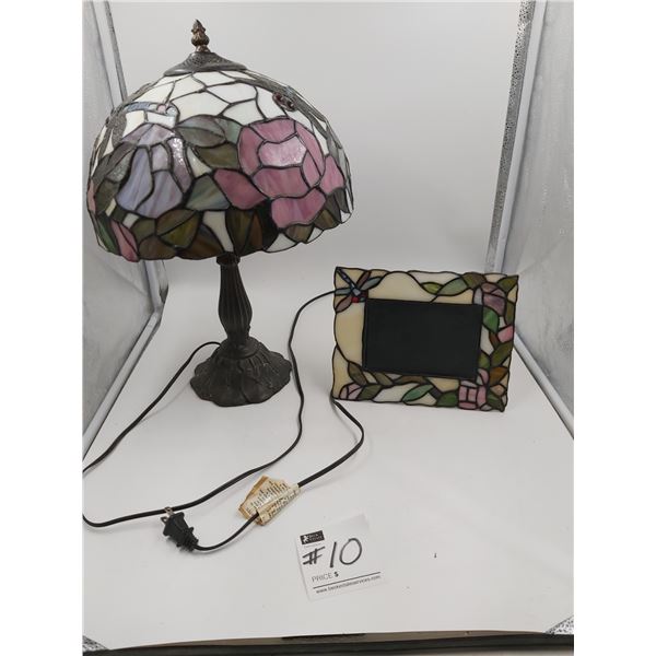 Tiffany Style Lamp with Roses and Dragon Flys (Tested) with Matching Photo Frame