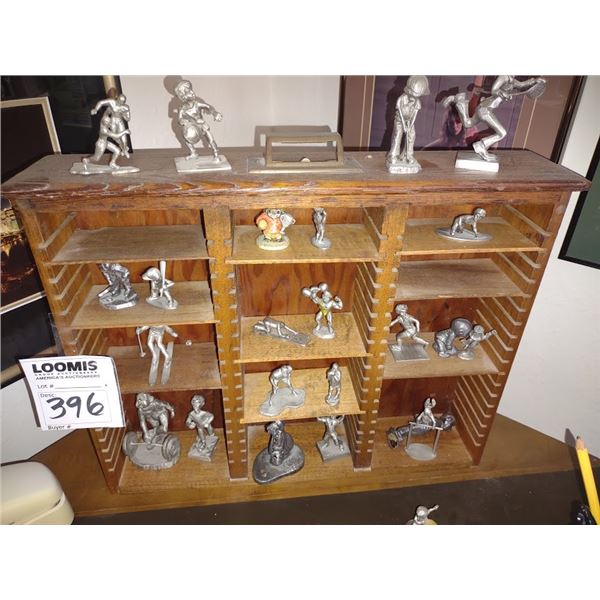 VINTAGE PEWTER SPORTS FIGURE COLLECTION W ANTIQUE OAK DISPLAY