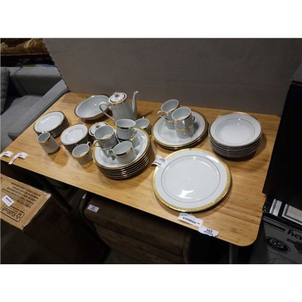 47 PIECES SANGO ELEGANCE CHINA - INCLUDES TEAPOT, CREAM AND SUGAR, CUPS AND SAUCERS, PLATES, BOWLS,