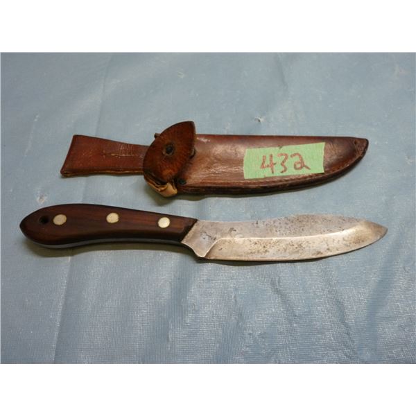 Unknown hunting knife 5 inch blade strap repaired on sheath