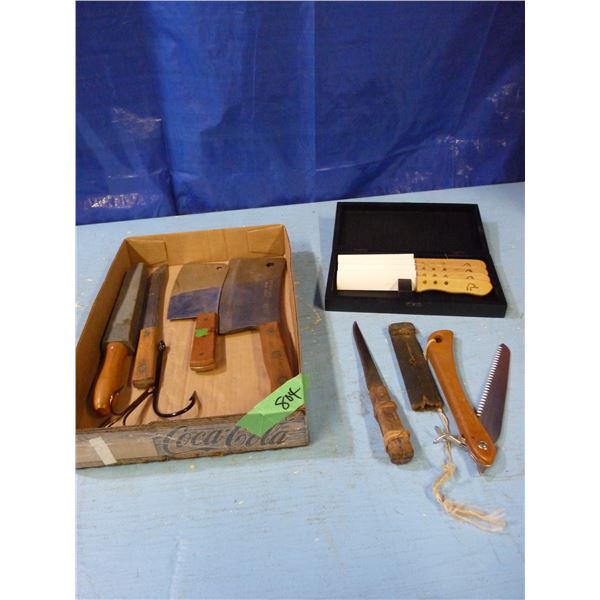 Box with sharpening stone, cleavers , knives, steak knives