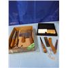 Image 1 : Box with sharpening stone, cleavers , knives, steak knives