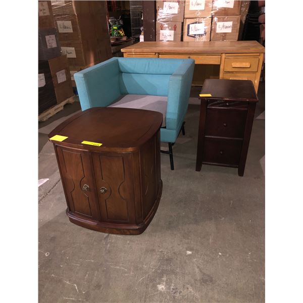 Group of assorted furniture - includes contemporary Blue chair and two wooden side cabinets