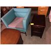 Image 2 : Group of assorted furniture - includes contemporary Blue chair and two wooden side cabinets