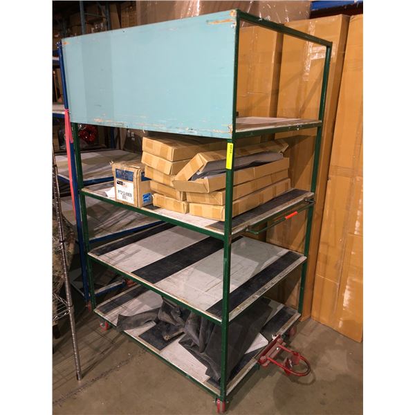 Four tier industrial rolling display shelf with contents (Approximately 45 1/2in Wide x 3ft depth x 