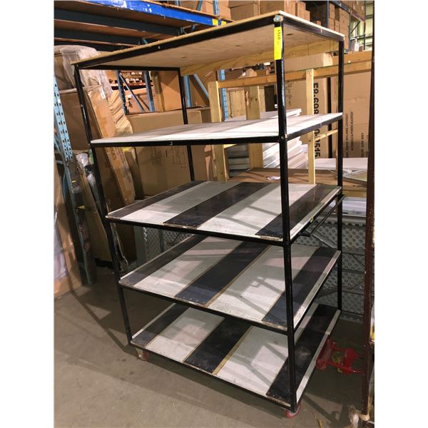 Five tier industrial rolling display shelf (Approximately 4ft Wide x 3ft depth x 74in high)