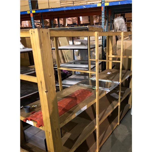 Four tier wooden rolling display shelf (Approximately 8ft Wide x 25 1/2in depth x 69 1/2in high)