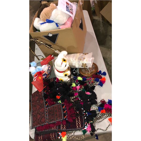 Large group of Miscellaneous items -includes Stuffed animals/ Lucky cat/ Wall clock/ Wall decoration