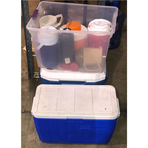 Large group of assorted coolers and water bottles