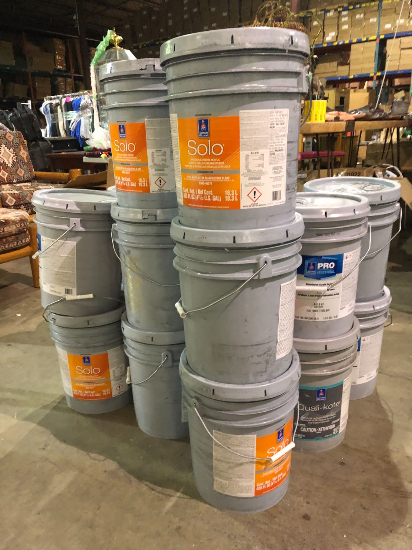 Large group of assorted Sherwin Williams acrylic paint buckets (new