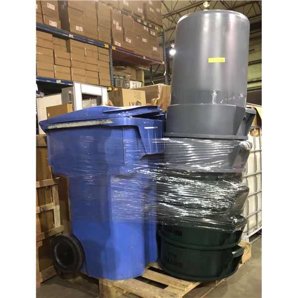 Pallet of assorted garbage and recycling bins