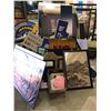 Image 1 : Large group of assorted set dec airport signage/ paintings/ wooden rolling cart etc.