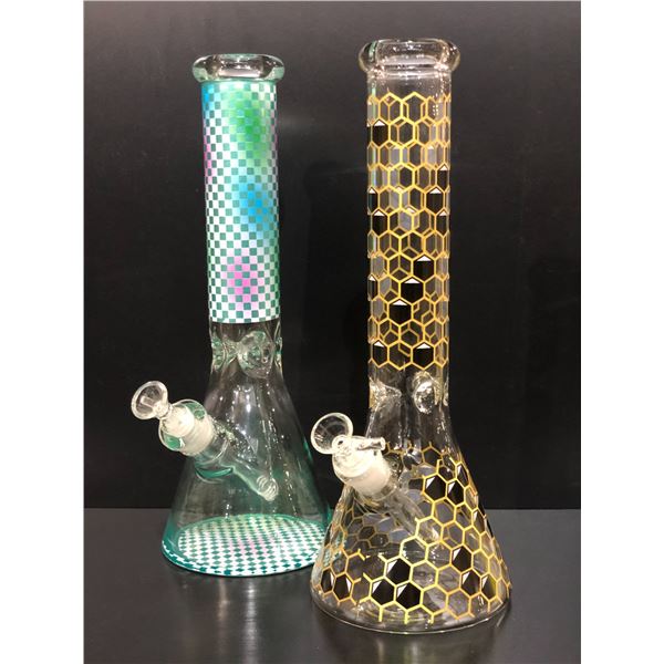 Group of 2 assorted new glass bongs w/ glass bowls