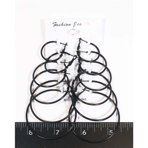6 NEW PAIRS OF ASSORTED SIZE BLACK HOOP EARRINGS