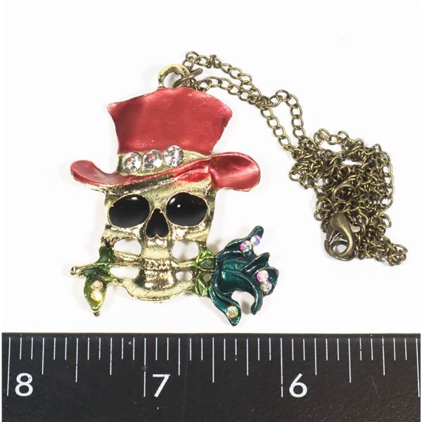 NEW RHINESTONE SKULL IN TOP HAT WITH ROSE IN