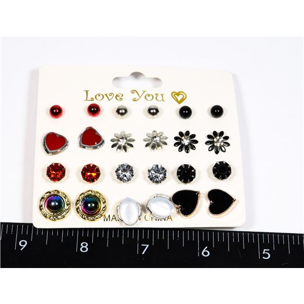 NEW 12 PC STUD EARRING SET RED, SILVER AND