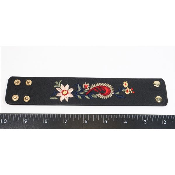 NEW BLACK LEATHER TYPE EMBROIDERED BRACELET