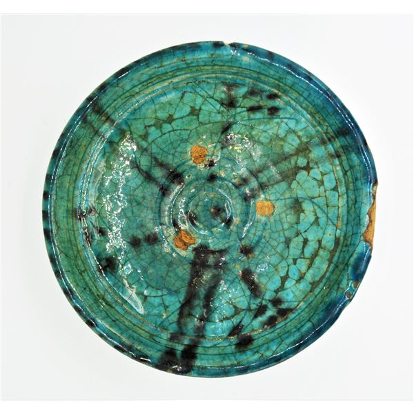 ISLAMIC TIMURID TURQUOISE AND BLACK KUBACHI PLATE 15TH-17TH CENTURY