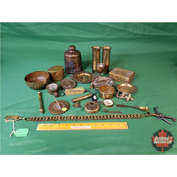 BRASS Collector Grouping: Key Belt w/Skelton Keys for the Chatelaine, Compass, Measure Tape, Sundial