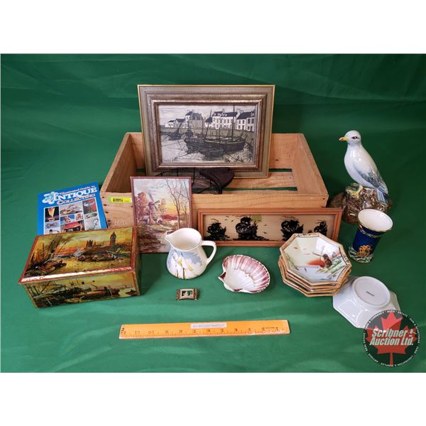 Vintage Variety Collector Grouping : Wood Box, Framed Pics, Pitcher, Shell Dish, Bowls, Antique Ref