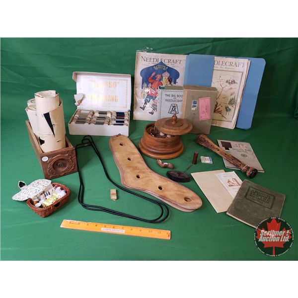Sewing/Notions Theme Group: Sock Stretchers, Sewing Kit, Machine Manual, Fabric Rolls, Machine Drawe