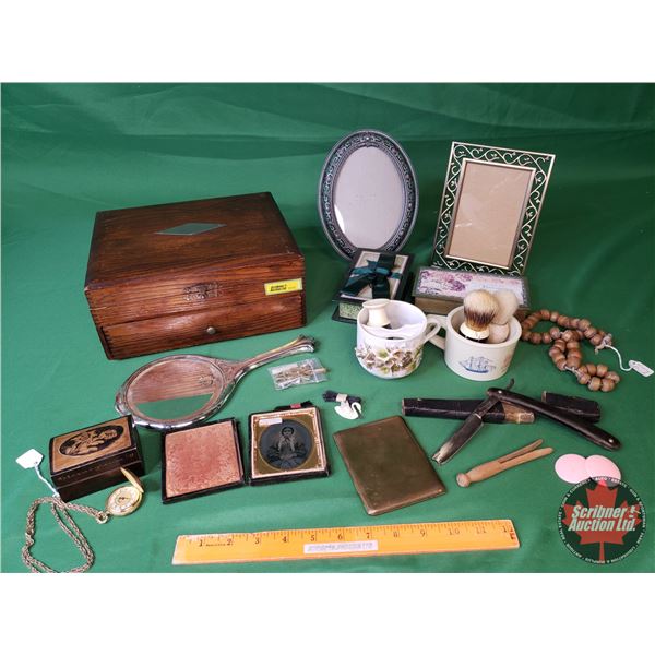 Vintage Ladies & Gents Collector Combo: Wooden Jewellery Box, Hand Mirror, Frames, Straight Razor, S