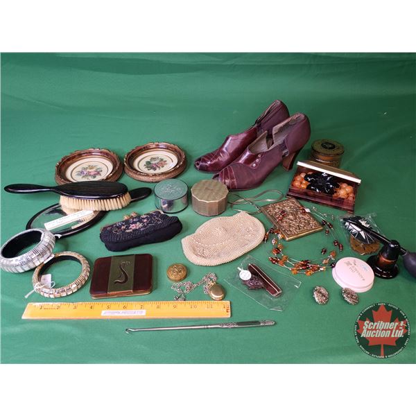 Ladies Grouping : Shoes, Ebony Brush & Mirror Set, Shoe Hook, Purses, Costume Jewellery, Round Frame