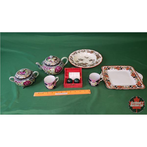 Asian Grouping:  Chinese Baoding Balls, Tea Pot, Cups, Bowls, Sugar Bowl, Platter (SEE PICS!)