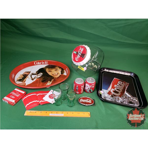 Coca-Cola Collector Combo: 2 Trays, Belt Buckle, S&P, Cards, Canister Jar, etc ! (SEE PICS!)