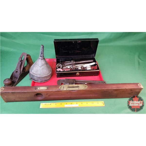 Antique Tool Grouping : Level, Funnel, Pliers, Wrench, Planer, etc (SEE PICS!)
