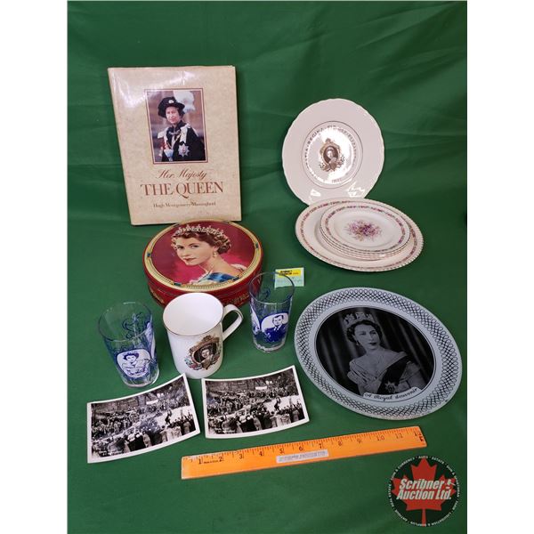 Queen Elizabeth II / Monarchy Collector Grouping: Tin, Plates, Cup, Tumblers, Book, Royal Visit Post