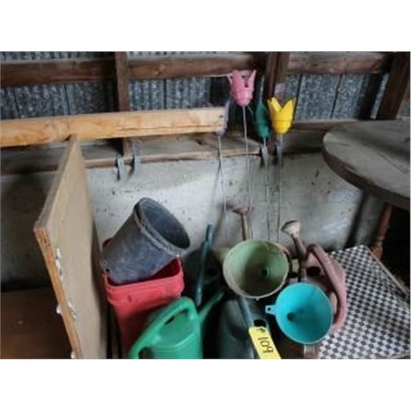 6 WATER CANS, PLANTERS, FUNNELS