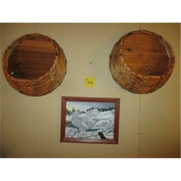 HOMEMADE WOOD HANGING BASKETS (2), SNOWY OWL PICTURE
