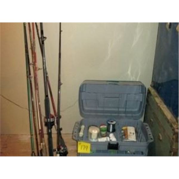 APPROX 8 FISHING RODS & LRG TACKLE BOX C/W CONTENTS