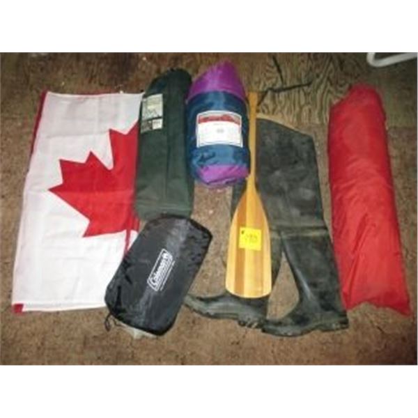 CANADIAN FLAG, DOUBLE AIR MATTRESS, SLEEPING BAG, FOLDING TABLE, TENT,