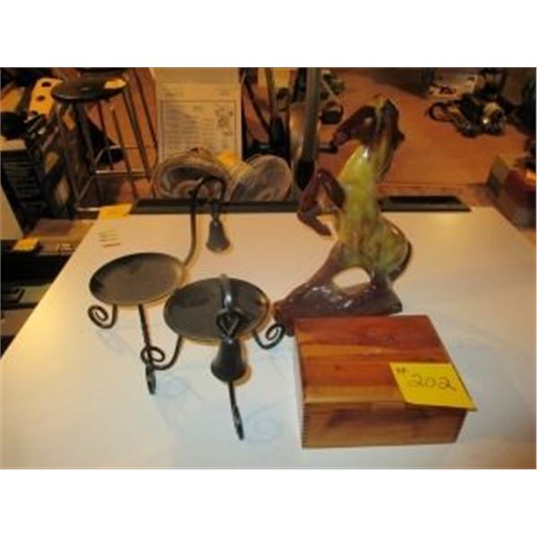 WOOD JEWLERY BOX, 2 PARTY LITE CANDLE HOLDERS, CERAMIC STALLION