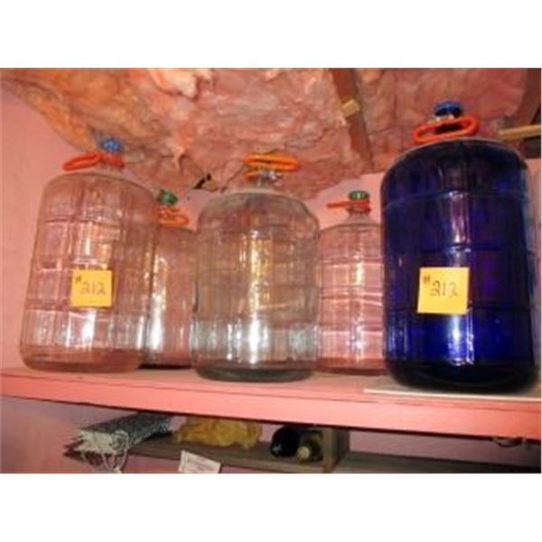 7 - 23L GLASS WINE CARBOYS (6 CLEAR & 1 BLUE), 2 FERMENTING PAILS