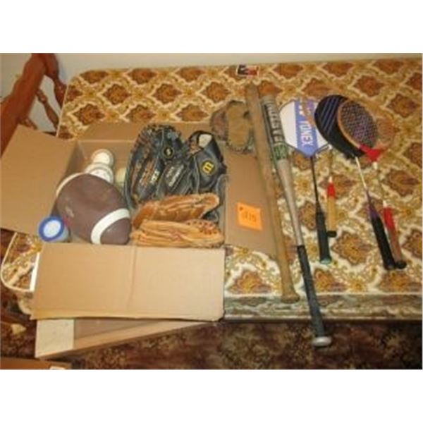 5 BASEBALL GLOVES, 2 BATS, 4 BADMINGTON RACQUETS, 3 BASEBALLS, 1 FOOTBALL