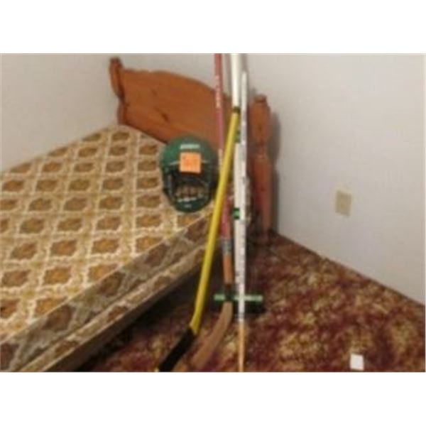 3 HOCKEY STICKS, 1 CURLING BROOM, COOPER HELMET C/W CAGE