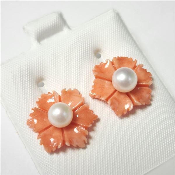 14K  FRESH WATER PEARL & POLY CORAL 2IN1  EARRINGS