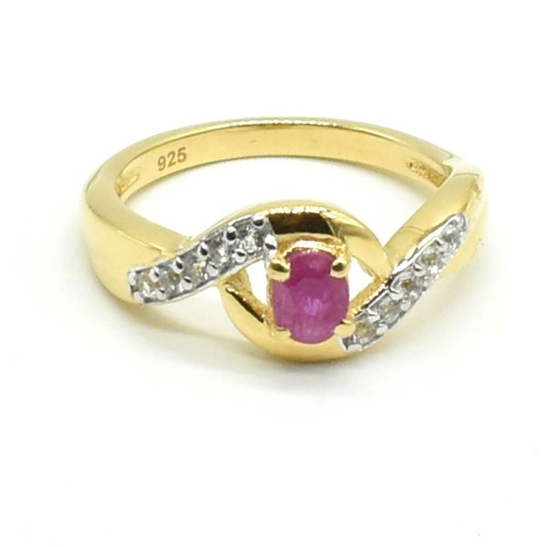 GOLD PLATED SILVER RUBY WHITE TOPAZ(0.45CT) RING SIZE 7