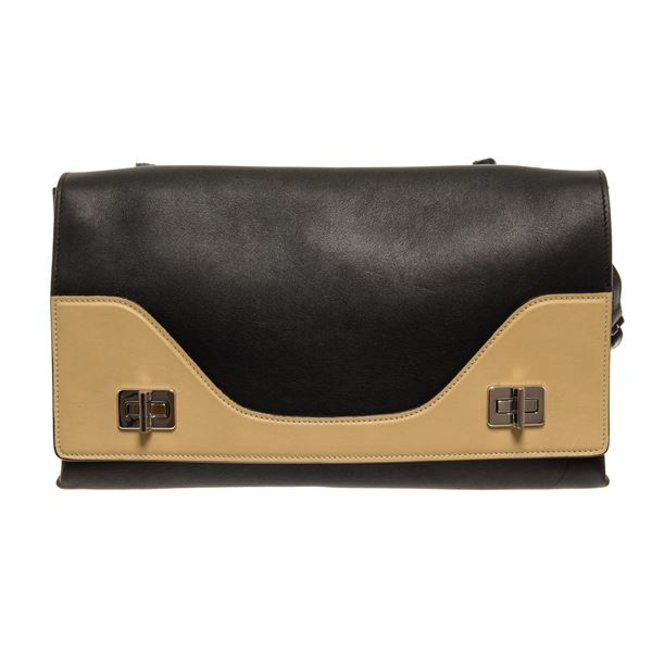 Prada Black Neutral Leather Dual Flap Double Turnlock Bag