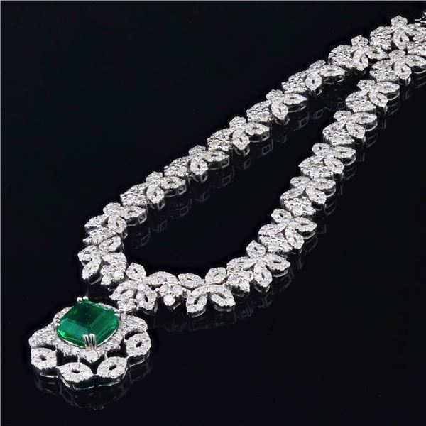 2.94 ctw Emerald and 7.61 ctw Diamond 18K White Gold Necklace