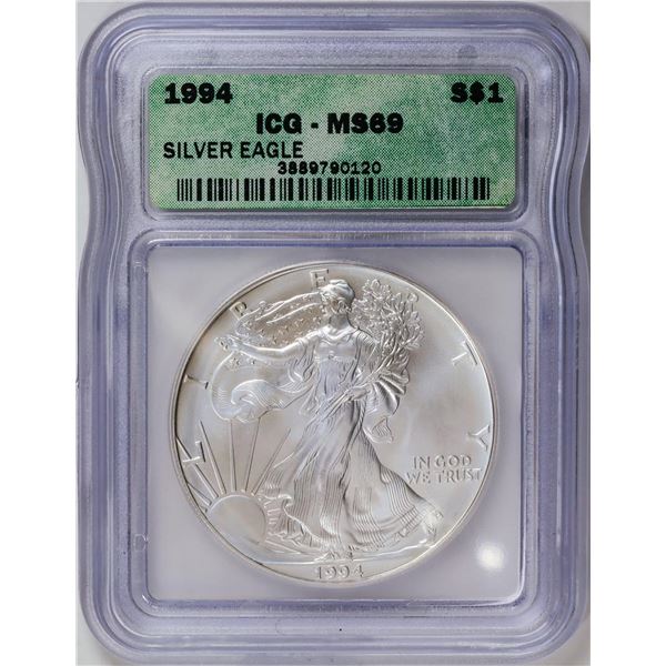 1994 American Silver Eagle .999 Fine Silver Dollar Coin ICG MS69