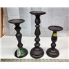 Image 1 : 3 sturdy pillar Candle Holders - wood finish. 12"-10"-8"